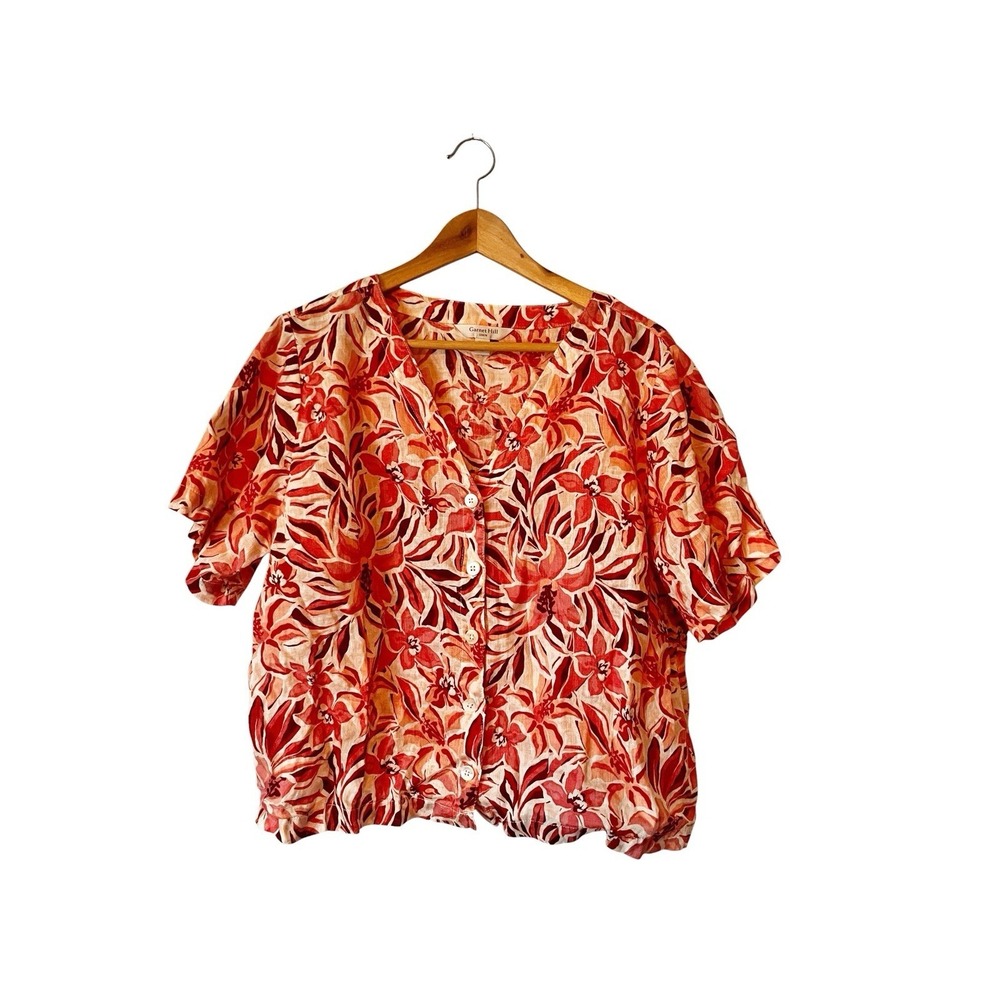 Garnet Hill Women's 100% Linen Top Women L Pink Purple Cream Floral V-Neck